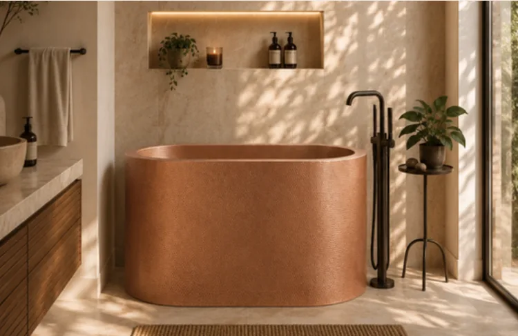The Copper Bath Tub in a warm timber bathroom